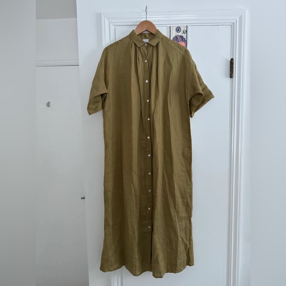 Linen Olive Green Button-Up Dress
